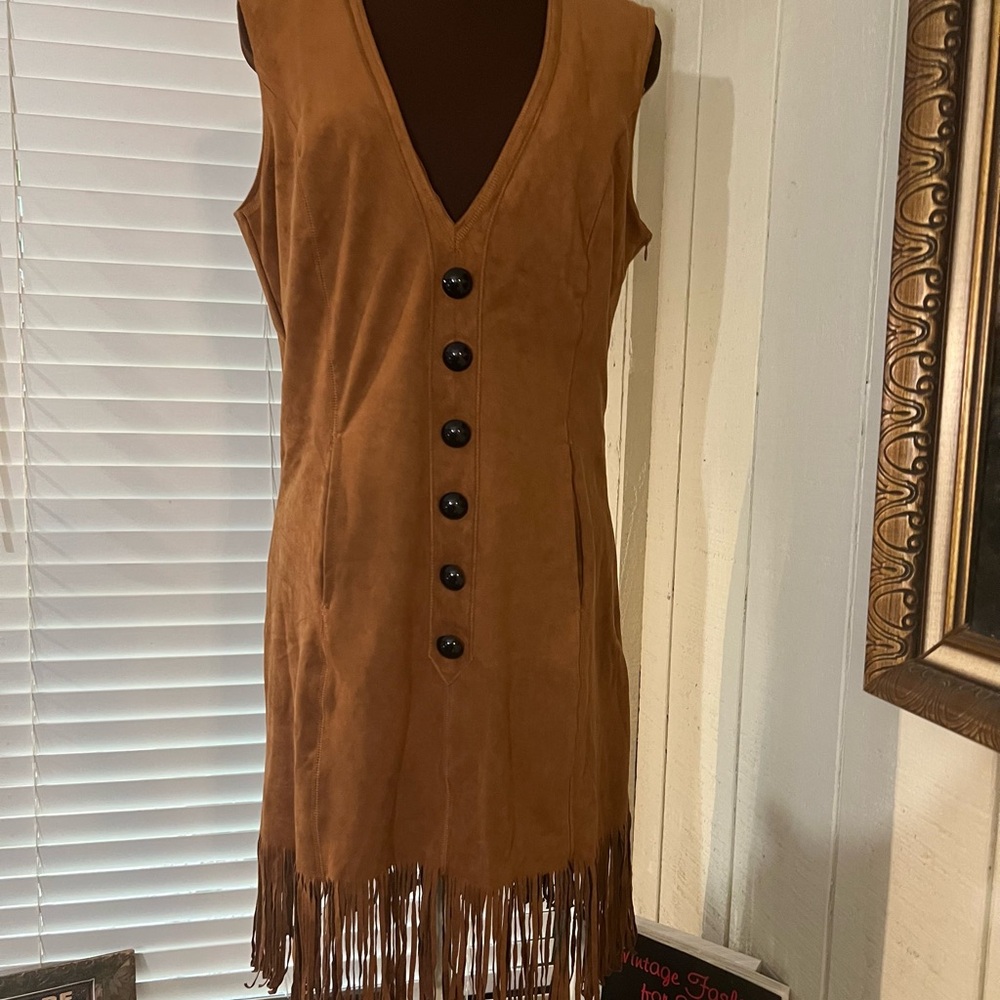 Elegant Suede look Tan Fringe Costal Cowgirl Dress by Oyrosy